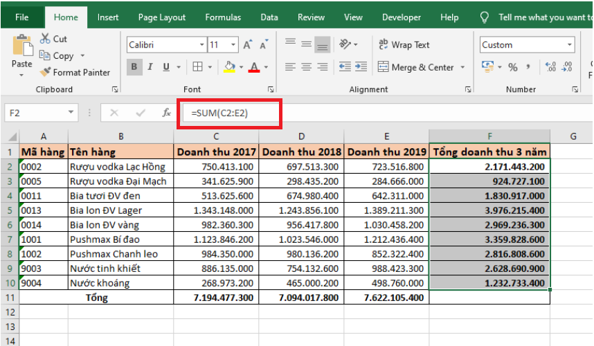 Hướng dẫn cách tính tổng hàng ngang trong Excel