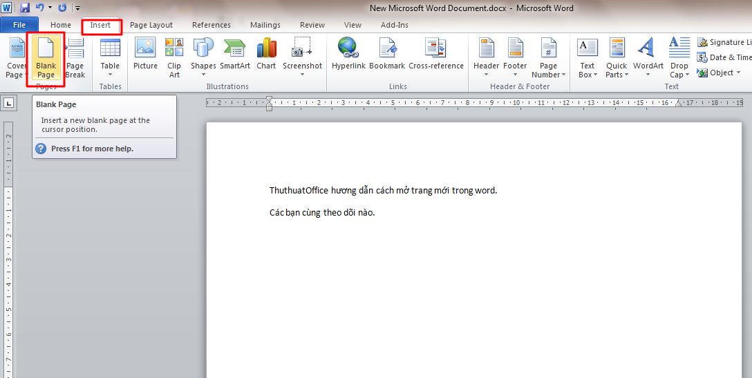 Mở trang mới trong Word bằng việc thêm trang mới