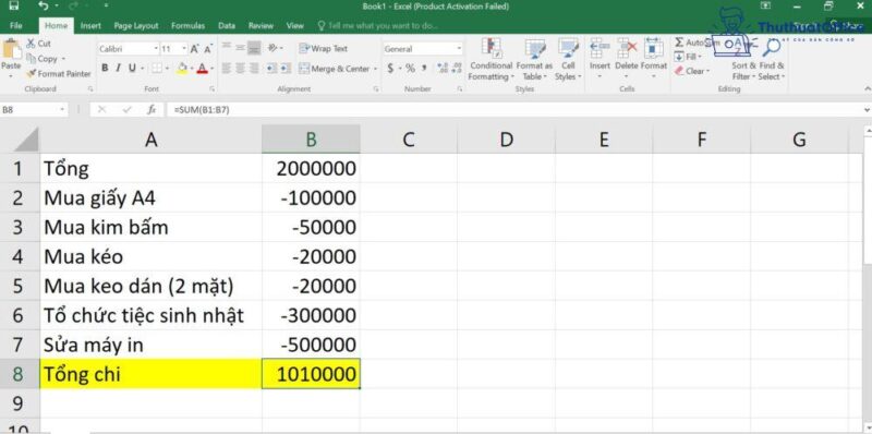 Phép trừ trong Excel