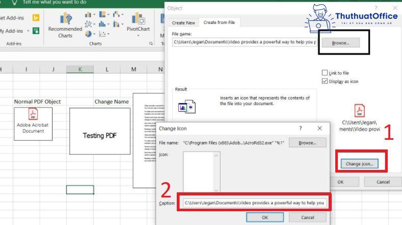 Đổi tên tệp sau khi chèn file PDF vào Excel
