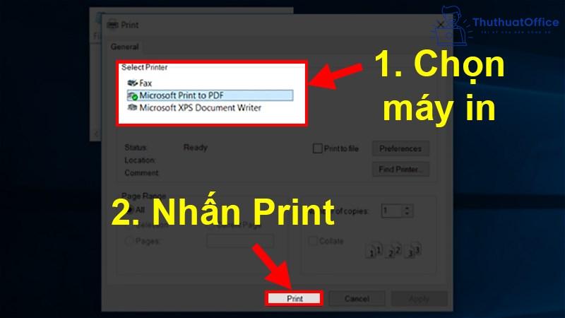 Cách in File PDF: Chọn máy in > Nhấn Print để in file PDF