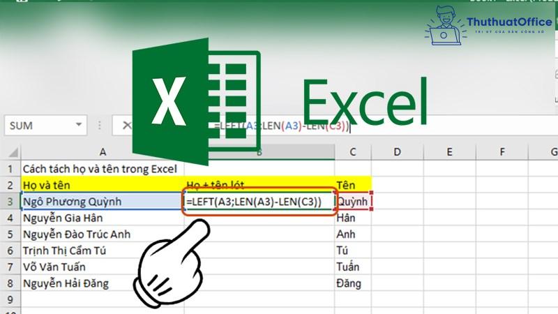 cách tách tên trong Excel