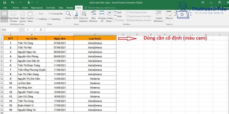 cố định tiêu đề trong Excel