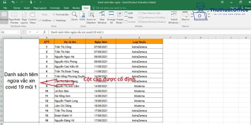cố định tiêu đề trong Excel