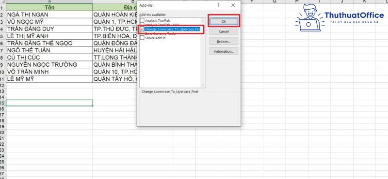 chuyển chữ hoa thành chữ thường trong Excel