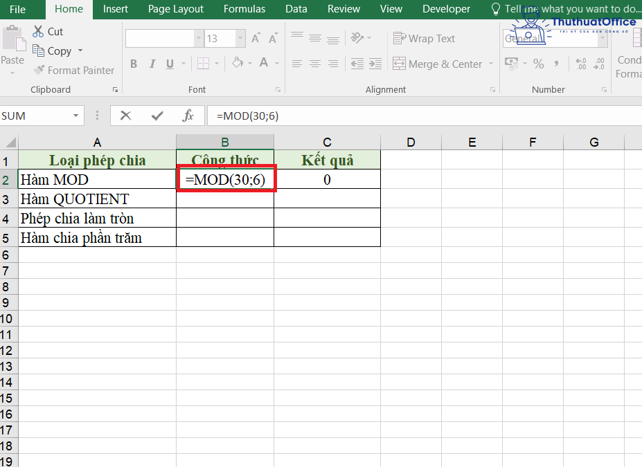 phép chia trong Excel