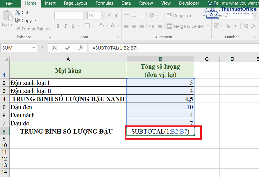 SUBTOTAL trong Excel