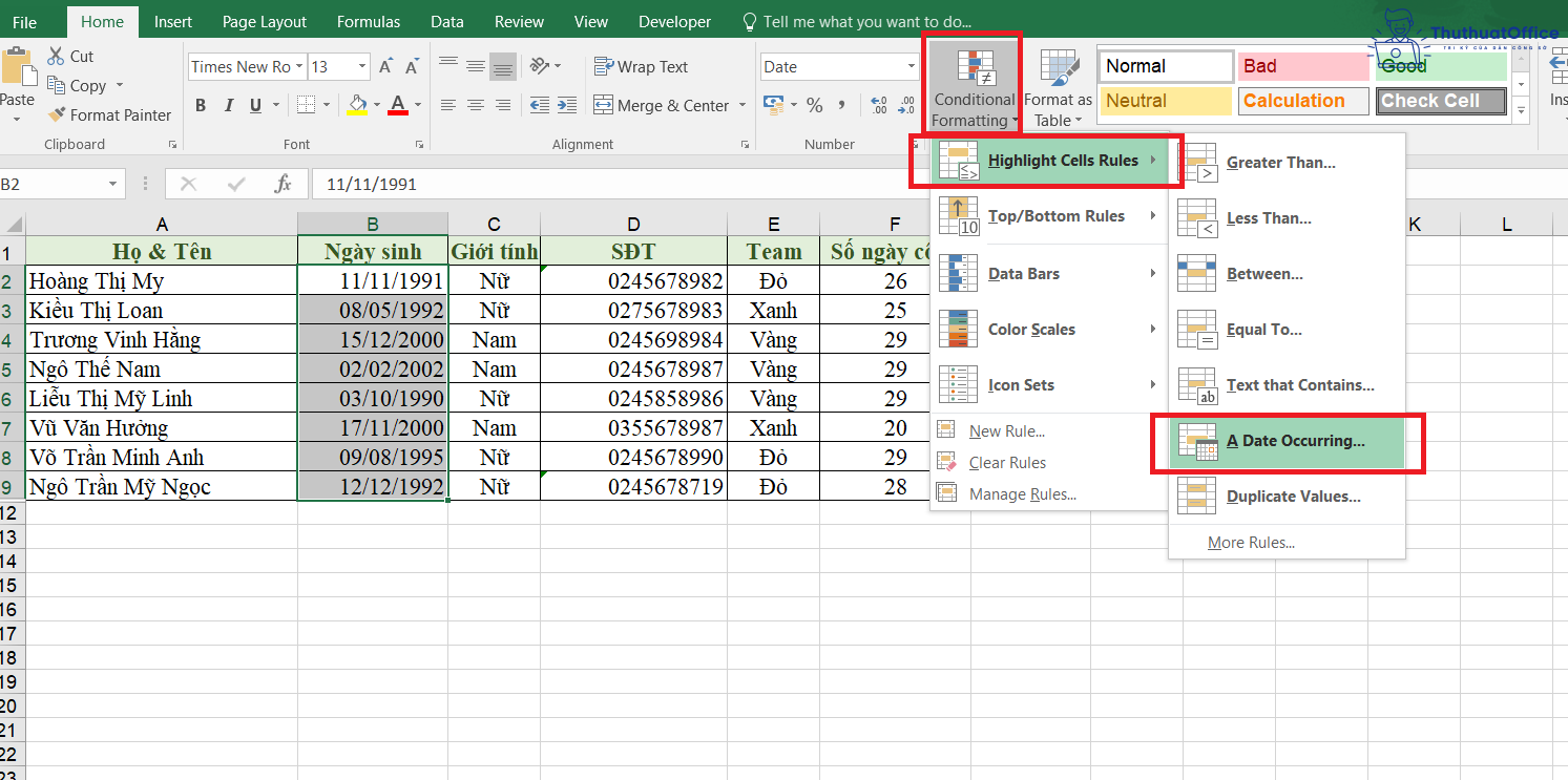 định dạng ngày tháng trong Excel
