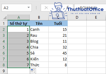 Đánh số thứ tự trong Excel bằng hàm ROW()