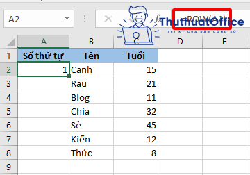 Đánh số thứ tự trong Excel bằng hàm ROW()