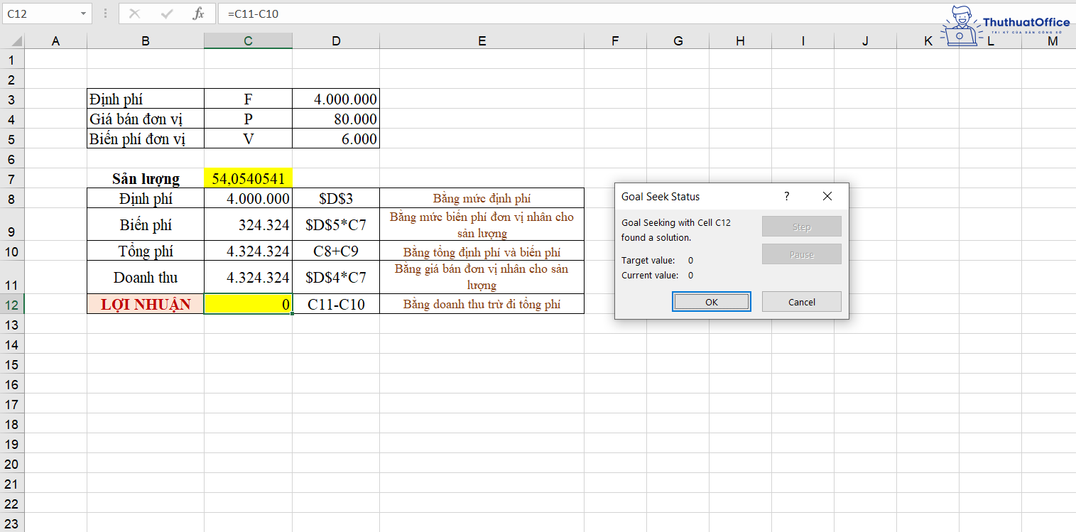 cách tính điểm hòa vốn trong Excel