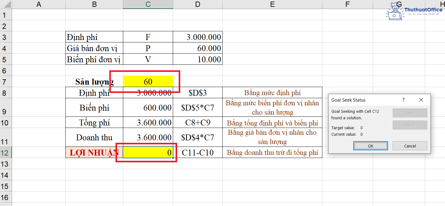cách tính điểm hòa vốn trong Excel