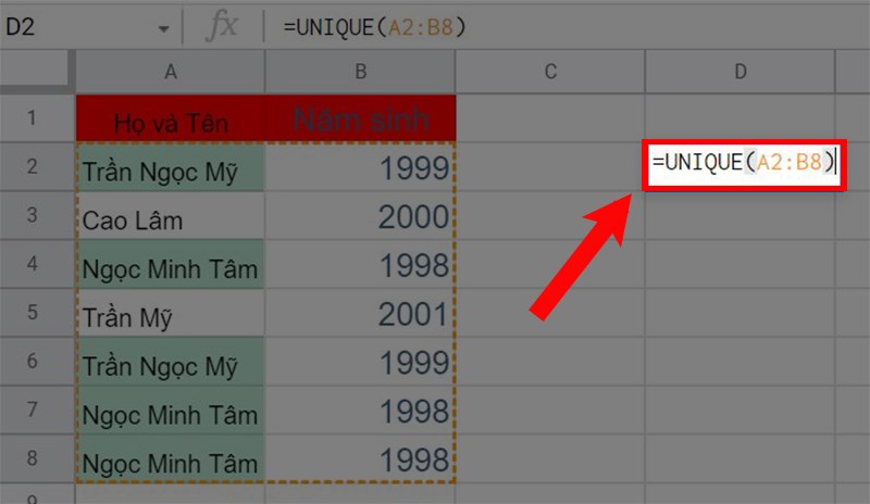 Filtering out duplicate data using the UNIQUE function