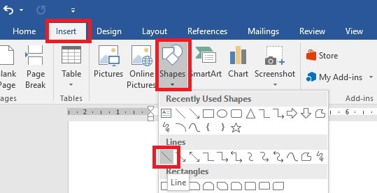 Select "Insert" > then choose "Shapes," and click on the straight line shape