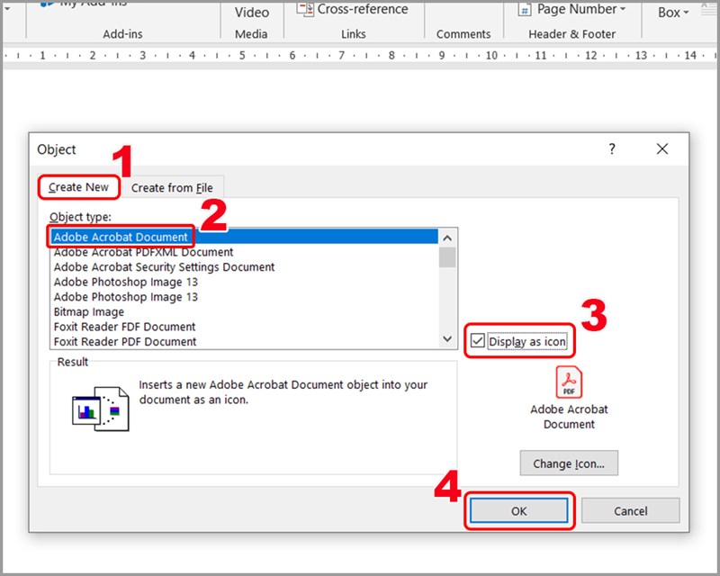 Choose Display as icon to display the file as an icon, as this prevents the entire file content from appearing in Word when inserted. > Click OK