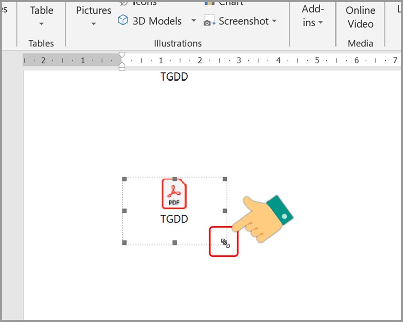 Left-click on the file > Position the cursor at the corner of the PDF icon frame so that a two-way arrow appears > Drag to resize as desired