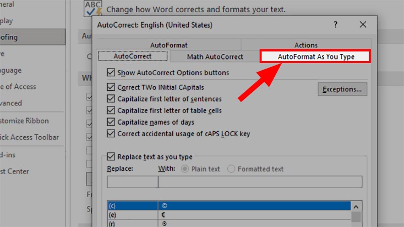 Select the AutoFormat As You Type tab