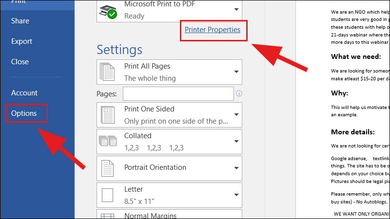 Details on how to print in color in Word