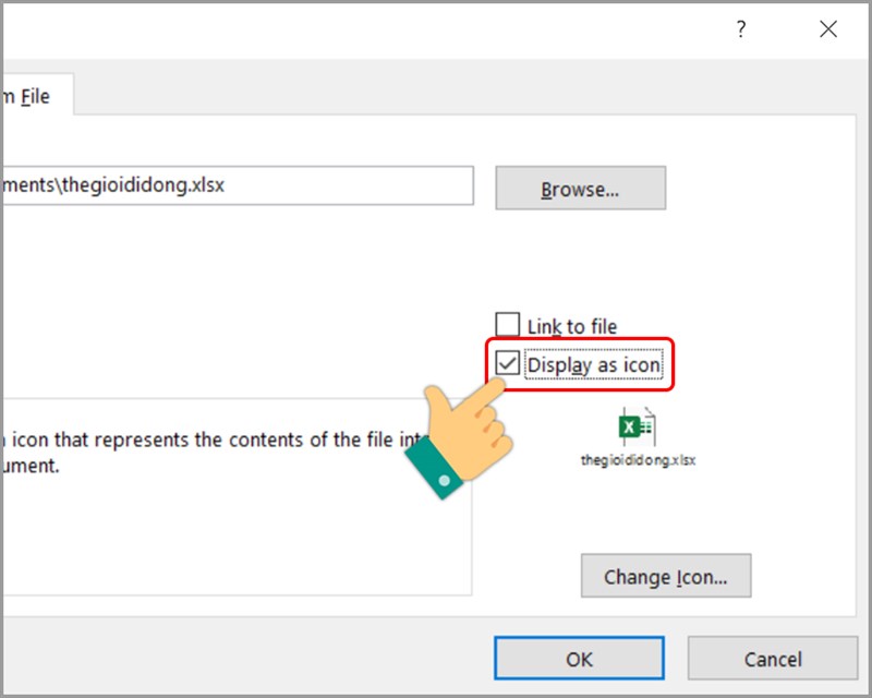 Opt for Display as icon to display the file as an icon