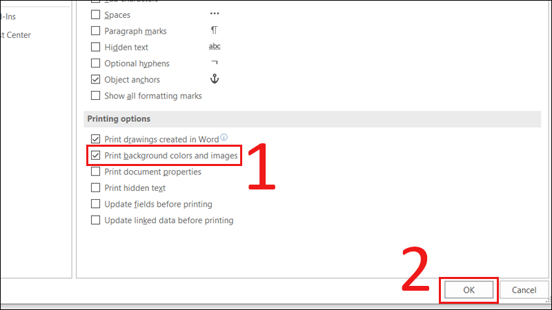Check the "Print background and images" option to select printing with colored background > Click OK.