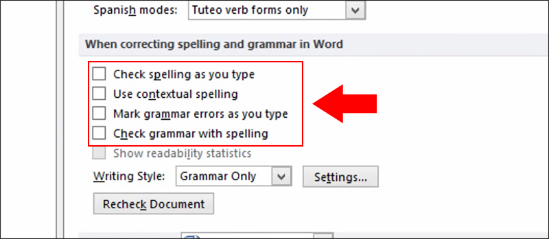 Select "Proofing" > Uncheck the features under "When correcting spelling and grammar in Word"