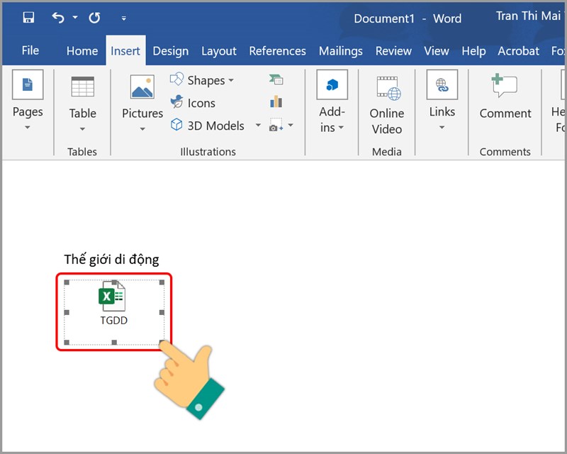 You can move the file icon to your preferred location in Word