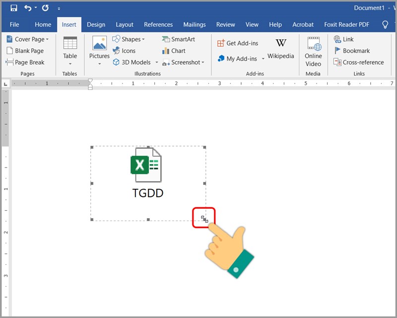 Left-click on the file > Position the cursor at the corner of the Excel icon frame to see a two-way arrow > Drag to resize as desired