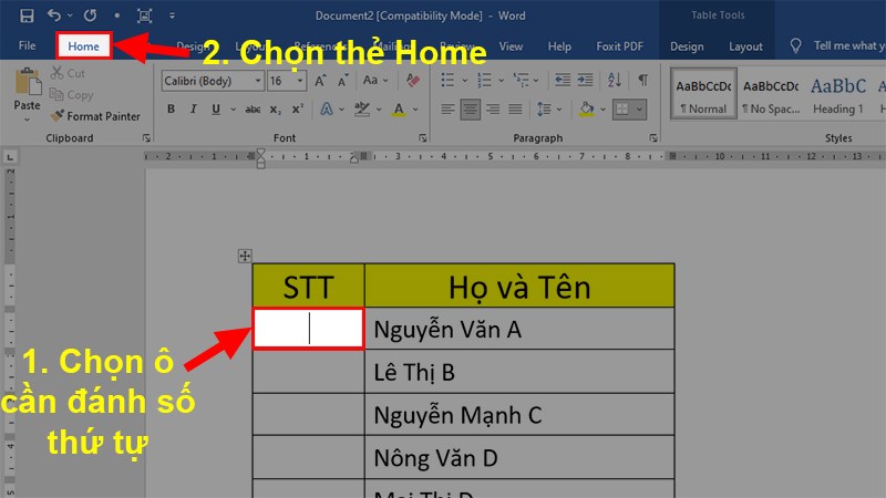 Open the  Word file >  Leave the mouse pointer in the numbered cell > Select the Home tab