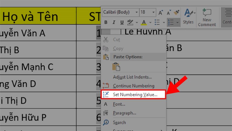 After the numbering is complete> Left-click  on the sequence number typed in the 2nd column to select the entire sequence number > Right-click > Select Set Numbering Value