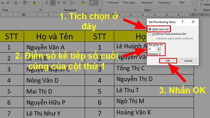 In the  dialog box that appears> Check Start new list > In the Set value to  section, you adjust to  the next number of the last number in column 1 > Click OK