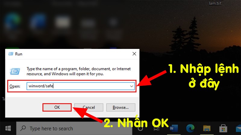 Press Windows key + R to open the Run command window > The Run window pops up > In the Open section, enter the command winword /safe > Click OK to open the Word file in Safe mode