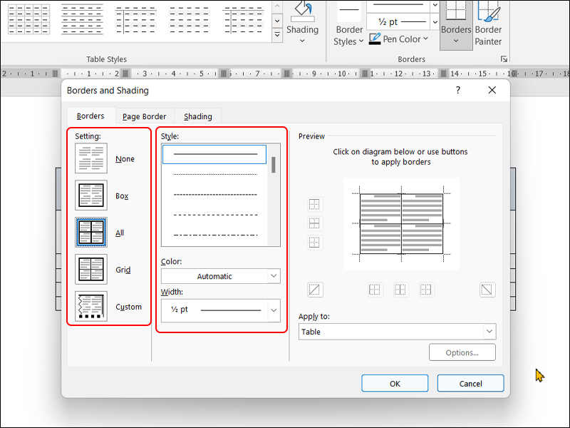 Settings in Borders and Shading