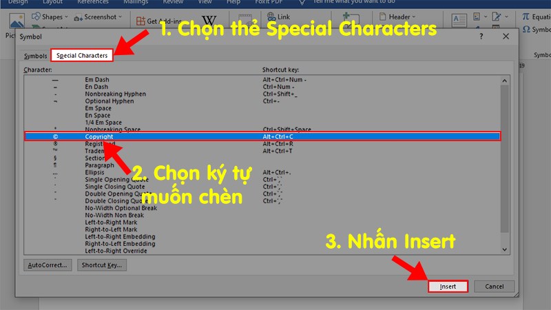 In the dialog box that pops up> Select the Special Characters tab  > Select the characters to insert  > Click Insert to insert into Word