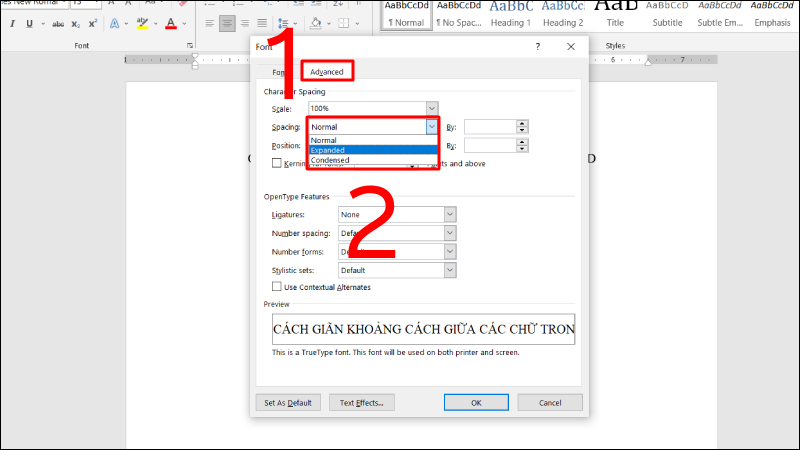 Click to select Advanced in the Font dialog box