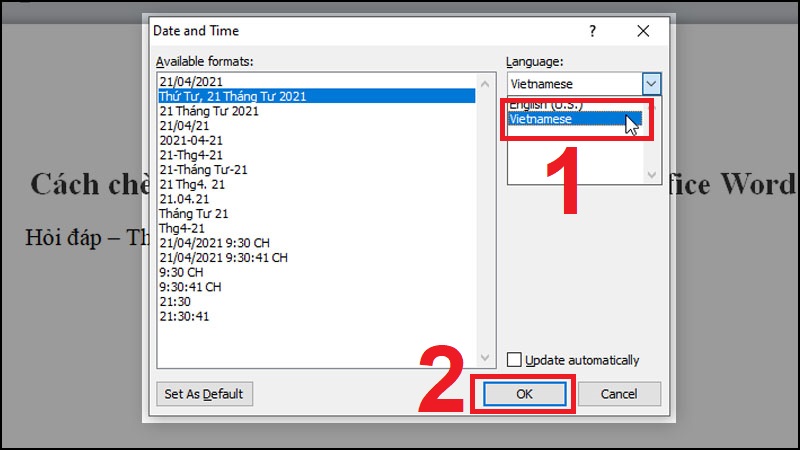 Select the date and time format and language as Vietnamese (Vietnamese) > Click OK