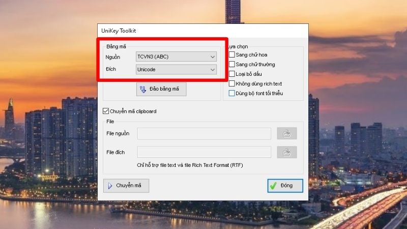 Select the source part as TCVN3 (ABC), the destination part select Unicode