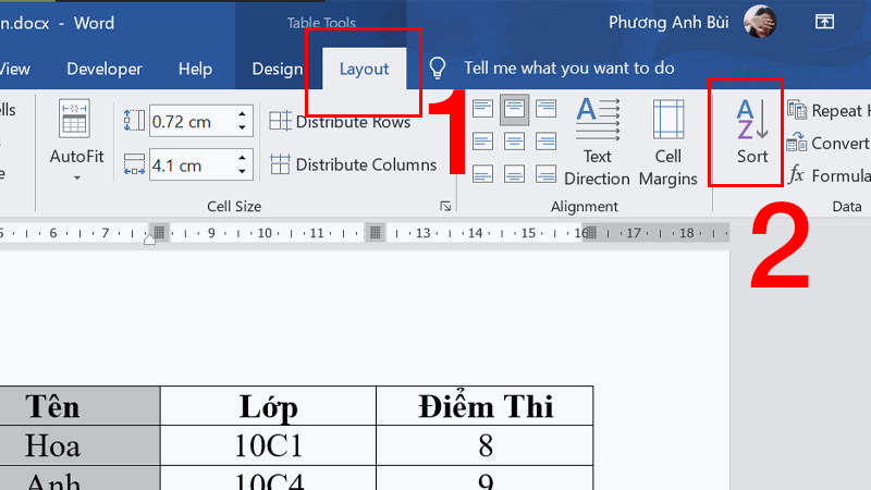 Nhấn tab Layout > Chọn SortNhấn tab Layout > Chọn Sort