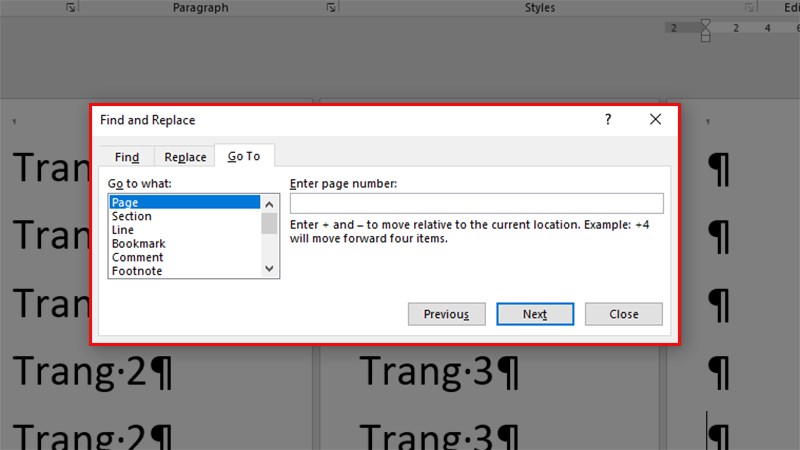 o to the Word file to delete the blank page > Press Ctrl + G > 1 dialog box will appear.