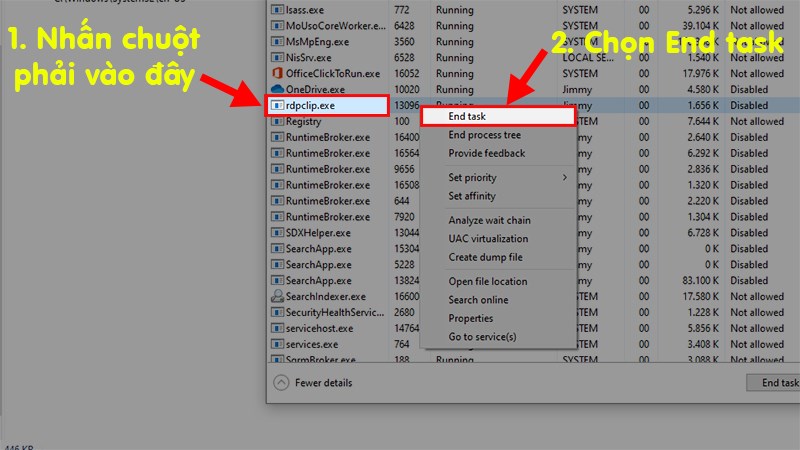 Right click on rdpclip.exe > Select End Process