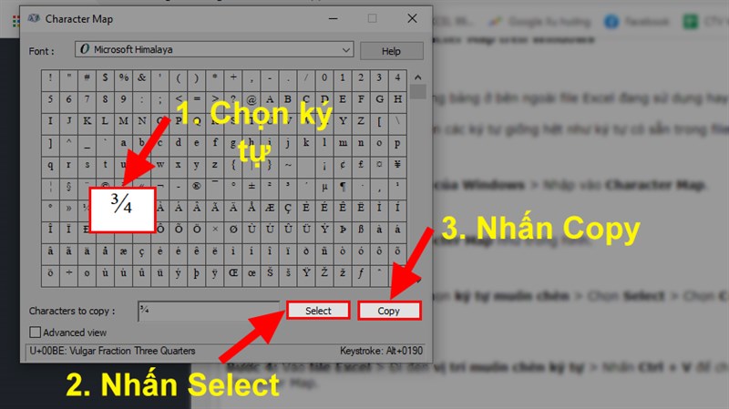 In the dialog box that appears> Select the character you want to insert > Select Select  > Select Copy to copy the newly selected character