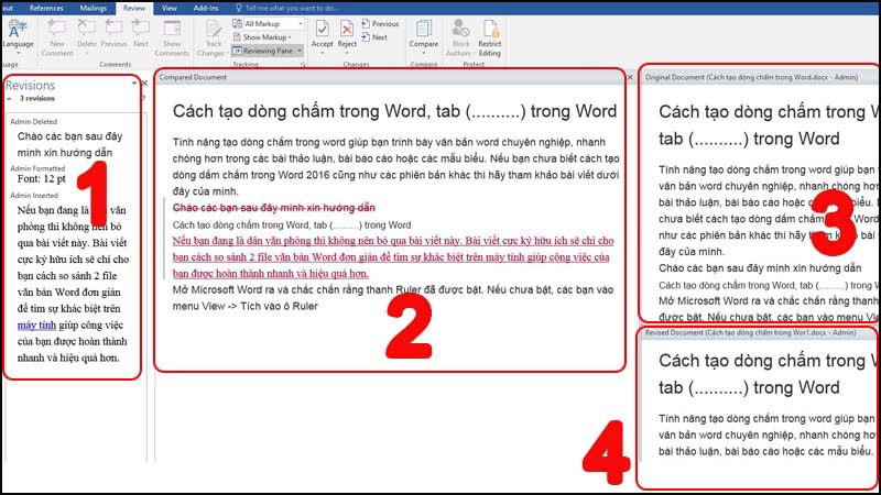 Options in the Compare Documents dialog box