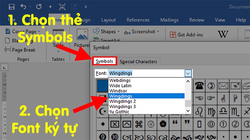 In the dialog box that appears> Select the Symbols tab > Select the  character font to look for