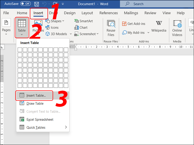 Create a table using Insert Table