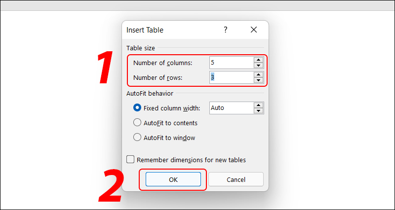 Enter the number of rows and columns of the tableEnter the number of rows and columns of the table
