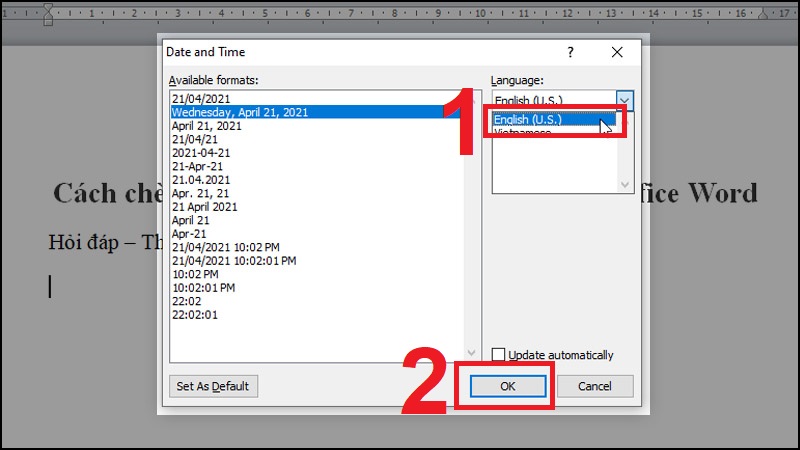 Select the date and time format and language as English > Click OK