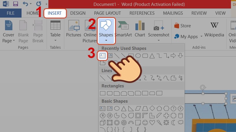 Or you can insert text into the picture by selecting Insert, selecting Shapes and Text boxes