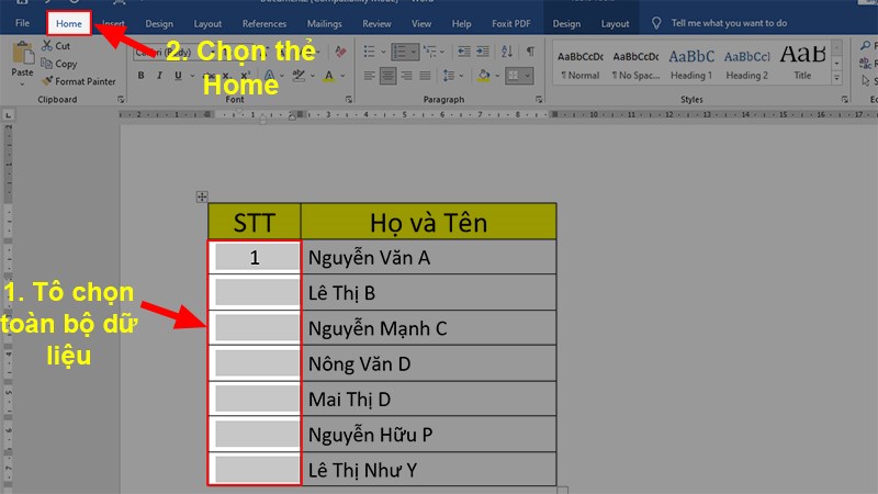 Select  all columns to be numbered > Select the Home tab