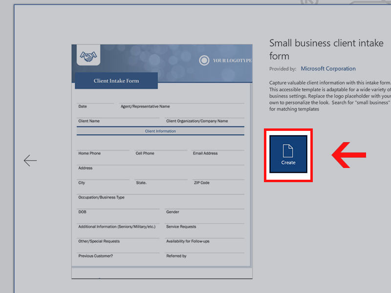 Select Create to use an existing template