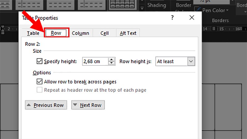 Select the Row tab in the window that appears
