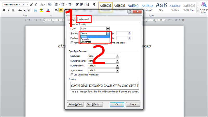 Click to select Advanced in the Font dialog box